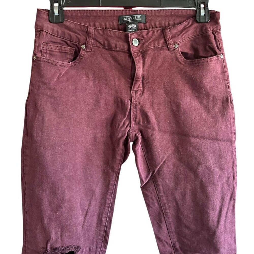 Angel Kiss Distressed Burgundy Skinny Jean Size 13 - Picture 2 of 7